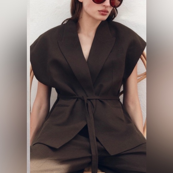 Zara Elegant Brown Women's oversized collar waistcoat -size Lg NWT - Picture 6 of 7